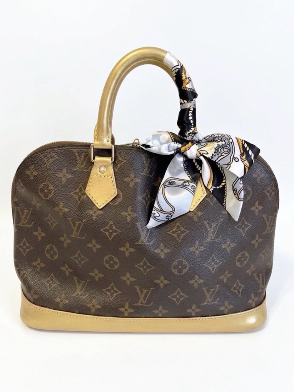 Louis Vuitton Monogram Canvas Satchel with Gold Trim and Silk Scarf